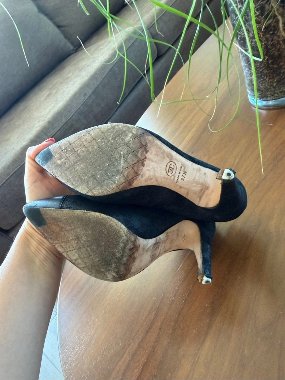 CHANEL Black Suede with Leather Cap Toe Pointed Pumps